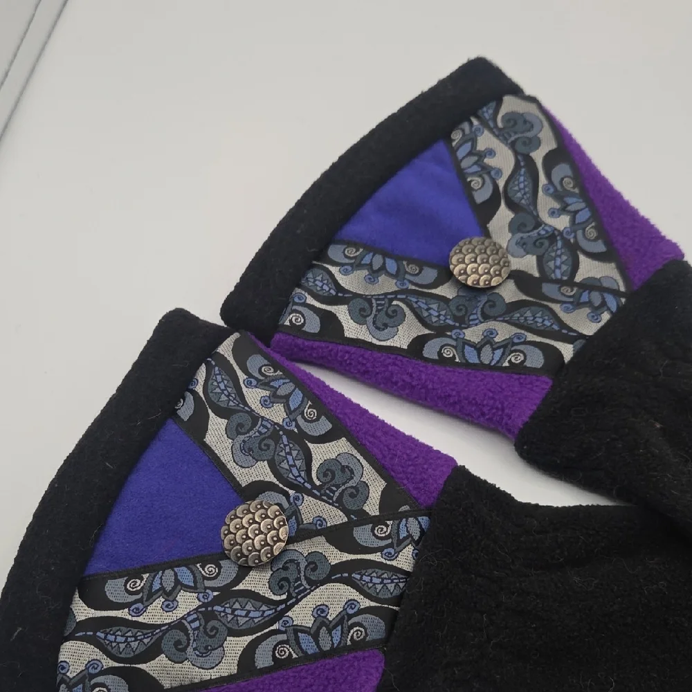 Artsy Lagenlook Patchwork Fleece Black Purple Winter Gloves OS
